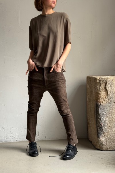 KRISTENSEN DU NORD straight suede leather pants in safari color
