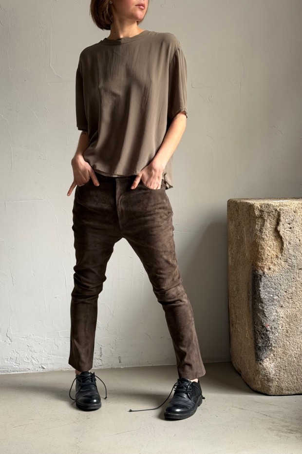 KRISTENSEN DU NORD straight suede leather pants in safari color